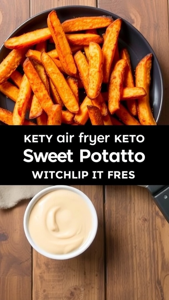 Crispy Air Fryer Keto Sweet Potato Fries Crispy air fryer sweet potato fries on a plate with dipping sauce on a rustic table.